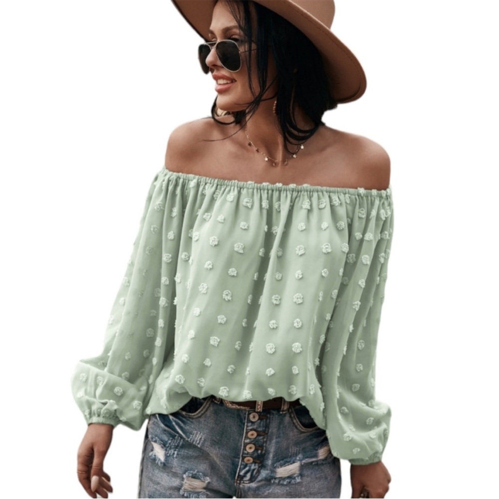 NWT Miss Sparkling SAGE GREEN the shoulder flowy swiss dot blouse Size Small
